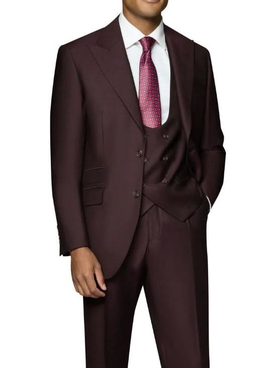 Beragamo Elegant Mens Big & Tall Burgundy 100% Wool Classic Fit Vested Suit with Peak Lapel