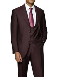 Thumbnail for Beragamo Elegant Mens Big & Tall Burgundy 100% Wool Classic Fit Vested Suit with Peak Lapel