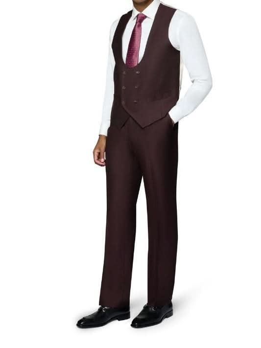 Beragamo Elegant Mens Big & Tall Burgundy 100% Wool Classic Fit Vested Suit with Peak Lapel