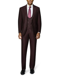 Thumbnail for Beragamo Elegant Mens Big & Tall Burgundy 100% Wool Classic Fit Vested Suit with Peak Lapel