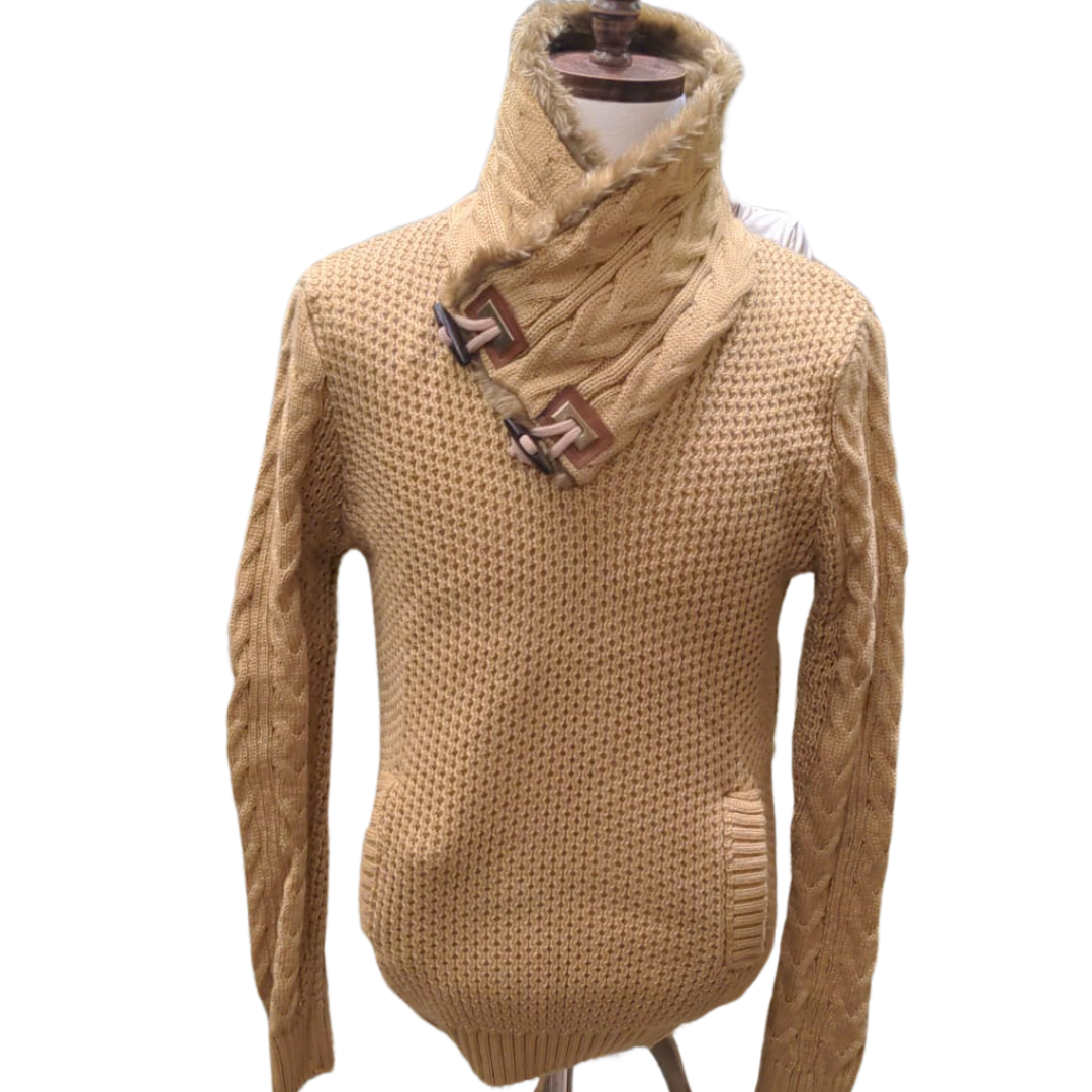 Young Republic Suéter con cuello chal de mezcla de algodón marrón camel sólido para hombre