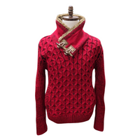 Thumbnail for Young Republic Solid Red Cotton Blend Shawl Neck Aran Sweater with Faux Fur Collar