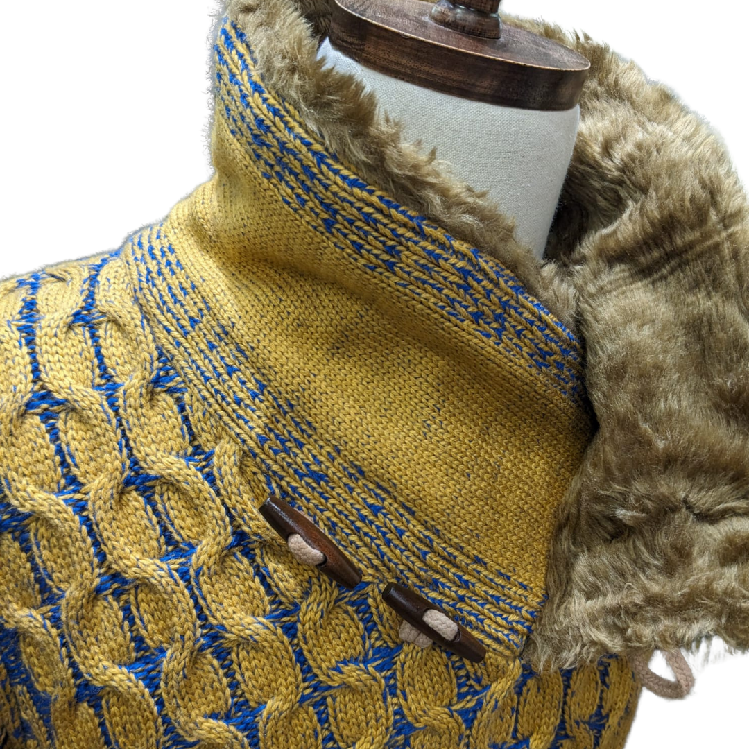 Young Republic Mens Mustard Yellow & Blue Cotton Blend Shawl Neck Aran Sweater