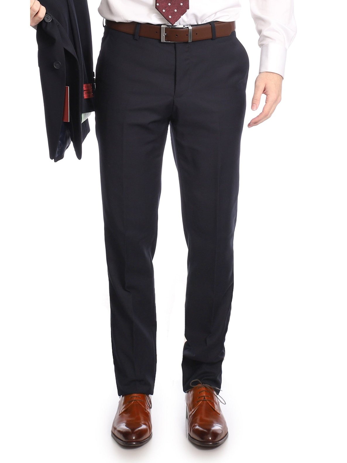 Raphael Slim Fit Solid Navy Blue Flat Front Washable Dress Pants Pre-hemmed