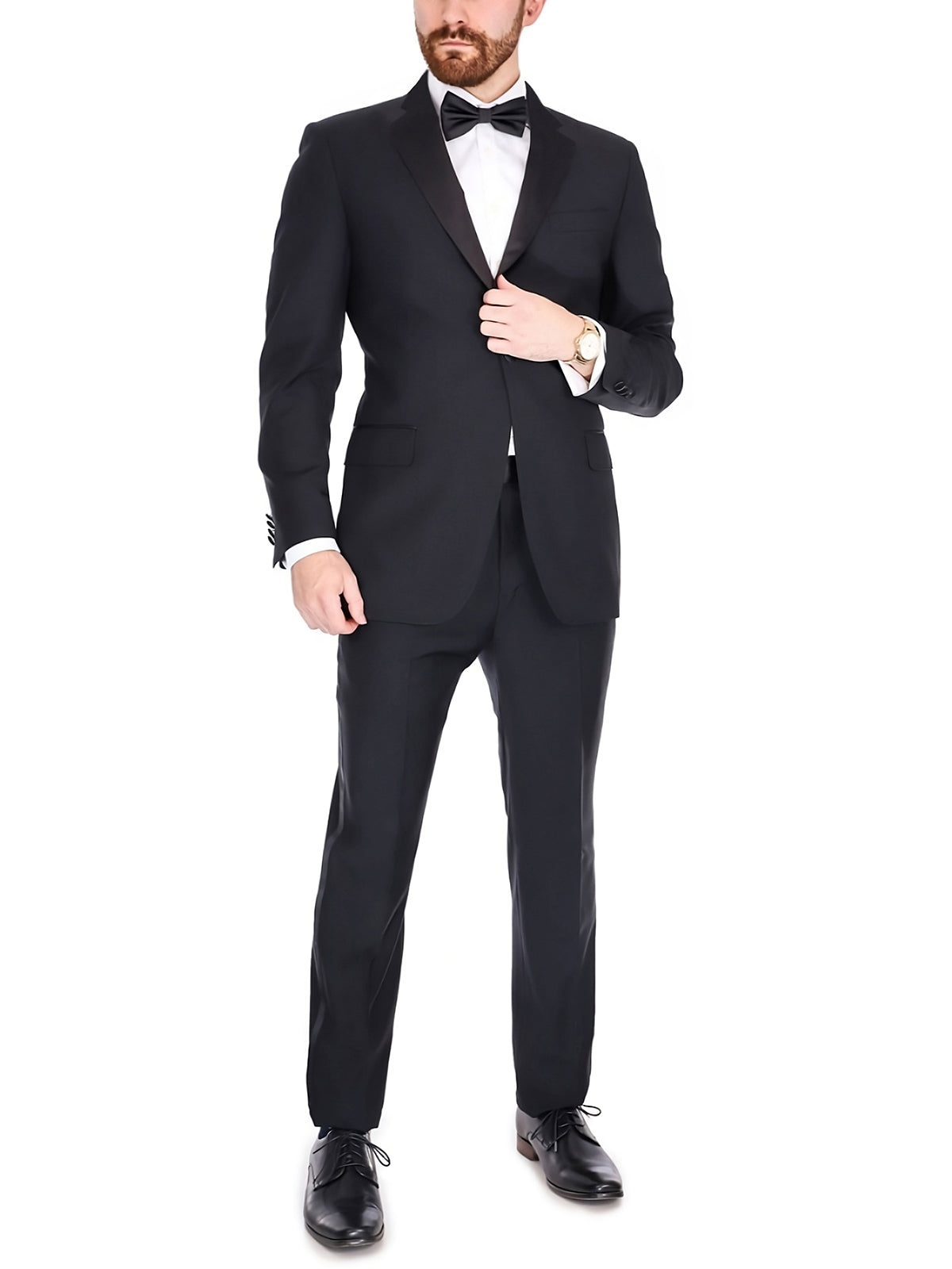 Blujacket Traje de esmoquin de corte regular 100% lana negro liso para hombre con solapa de satén