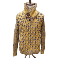 Thumbnail for Young Republic Mens Mustard Yellow & Blue Cotton Blend Shawl Neck Aran Sweater