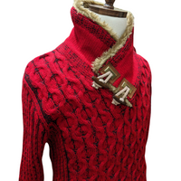 Thumbnail for Young Republic Solid Red Cotton Blend Shawl Neck Aran Sweater with Faux Fur Collar