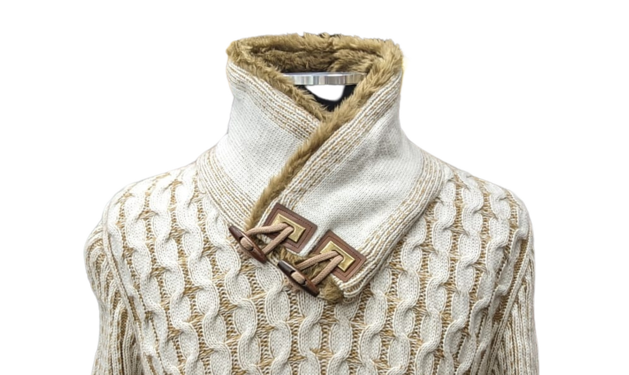 Young Republic Solid Ecru Tan Cotton Blend Shawl Neck Aran Sweater