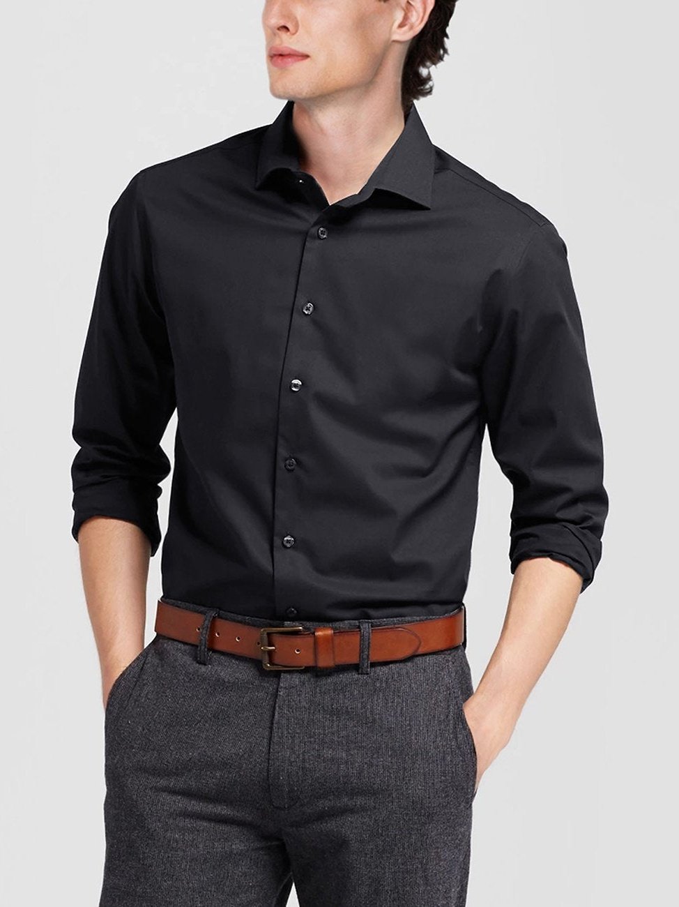 Camisa de vestir con cuello extendido y manga larga de ajuste clásico para hombre