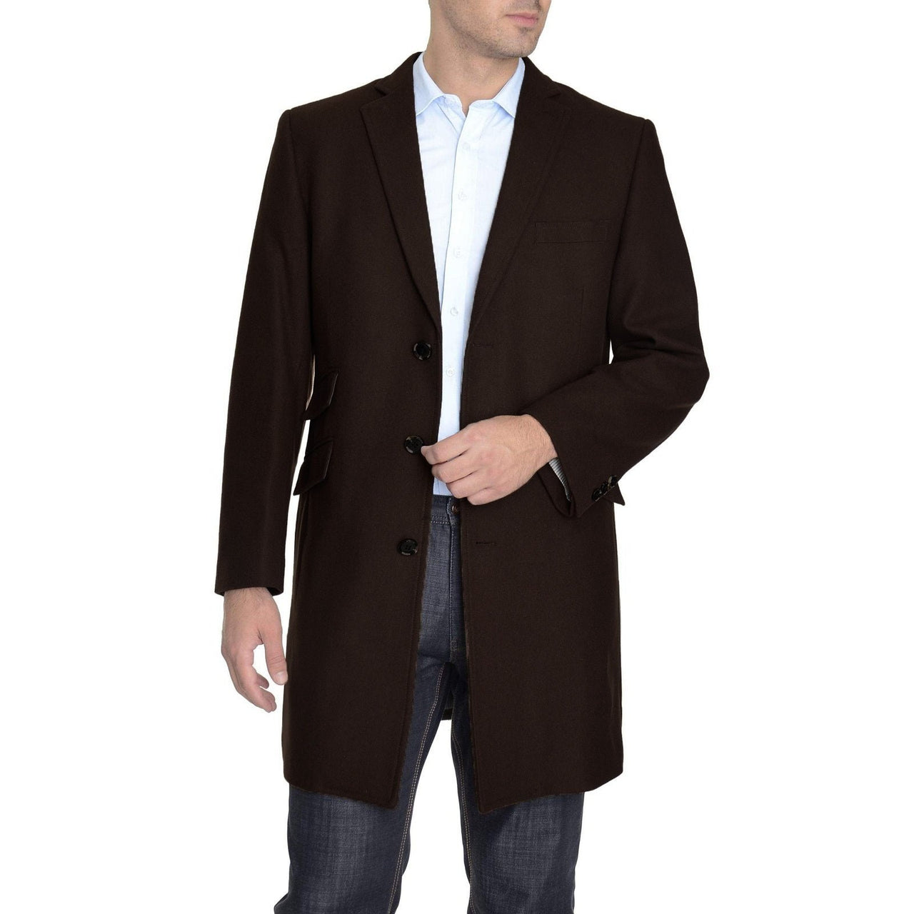 Men's Wool Cashmere Single Breasted Chocolate Brown 3/4 Length Car Coat Top Coat