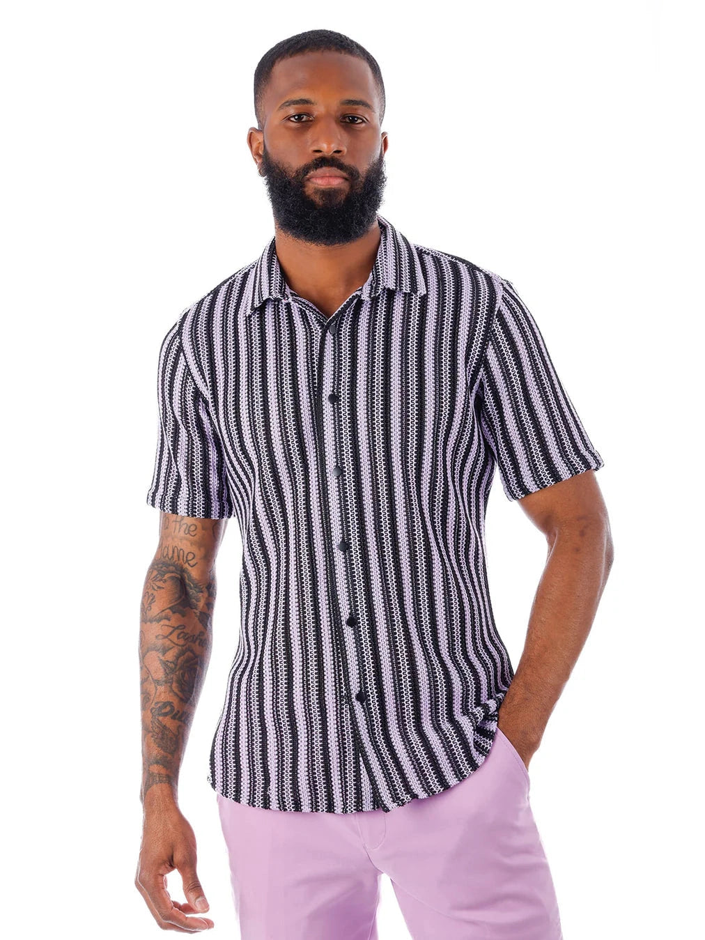 Barabas Mens Purple & Black Striped 100% Cotton Knitted Short Sleeve Shirt