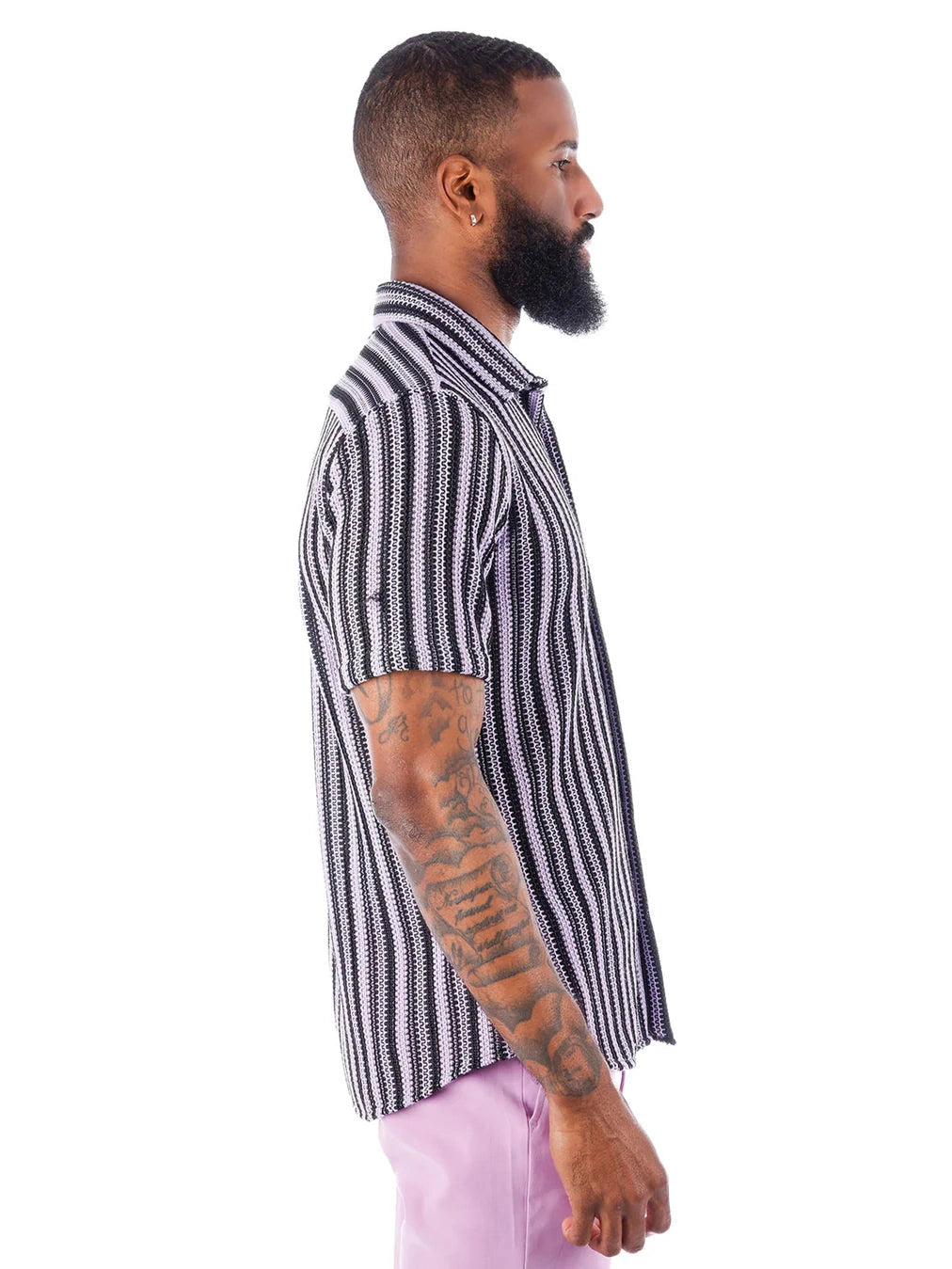 Barabas Mens Purple & Black Striped 100% Cotton Knitted Short Sleeve Shirt