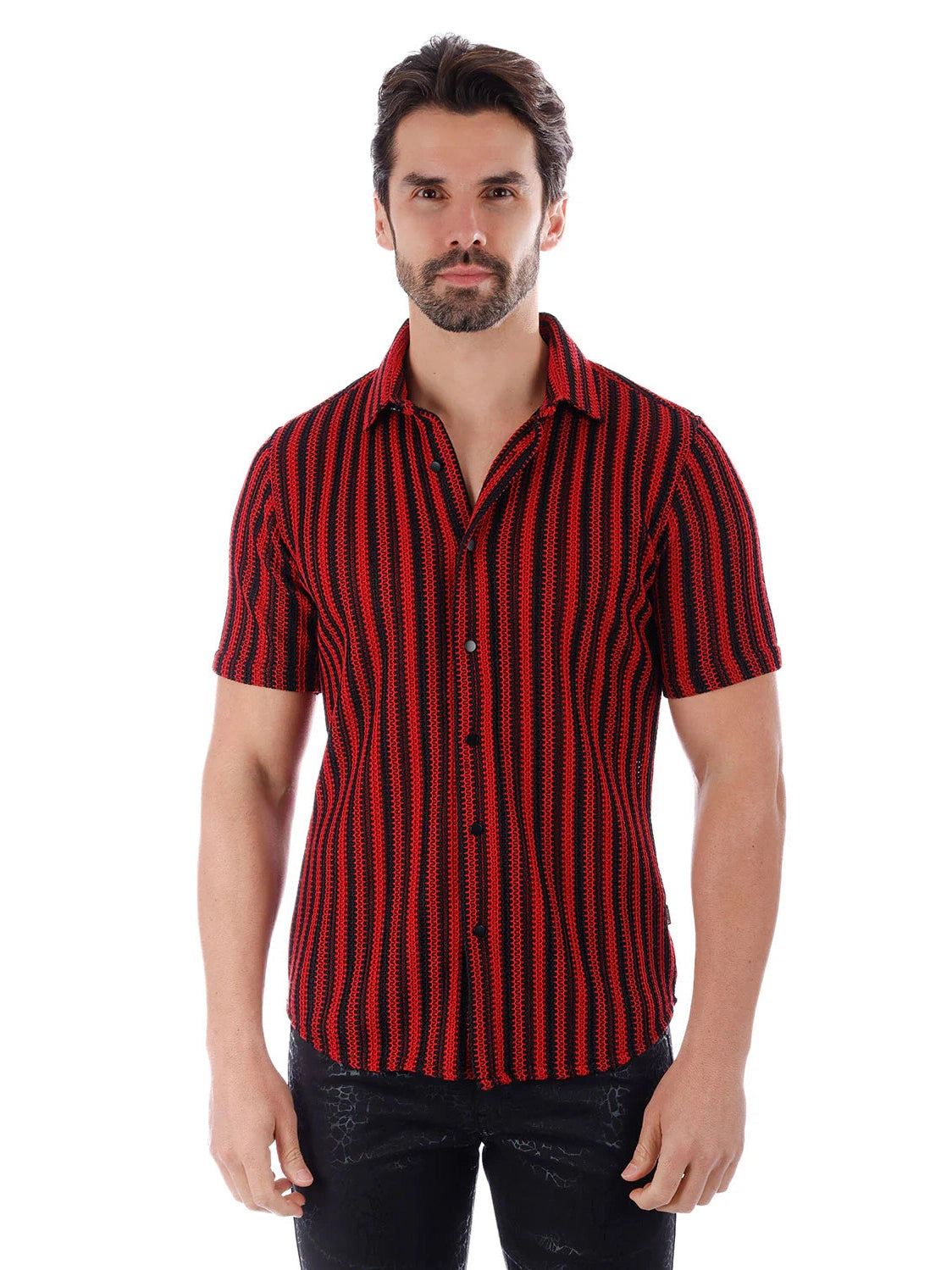 Barabas Mens Red & Black Striped 100% Cotton Knitted Short Sleeve Shirt