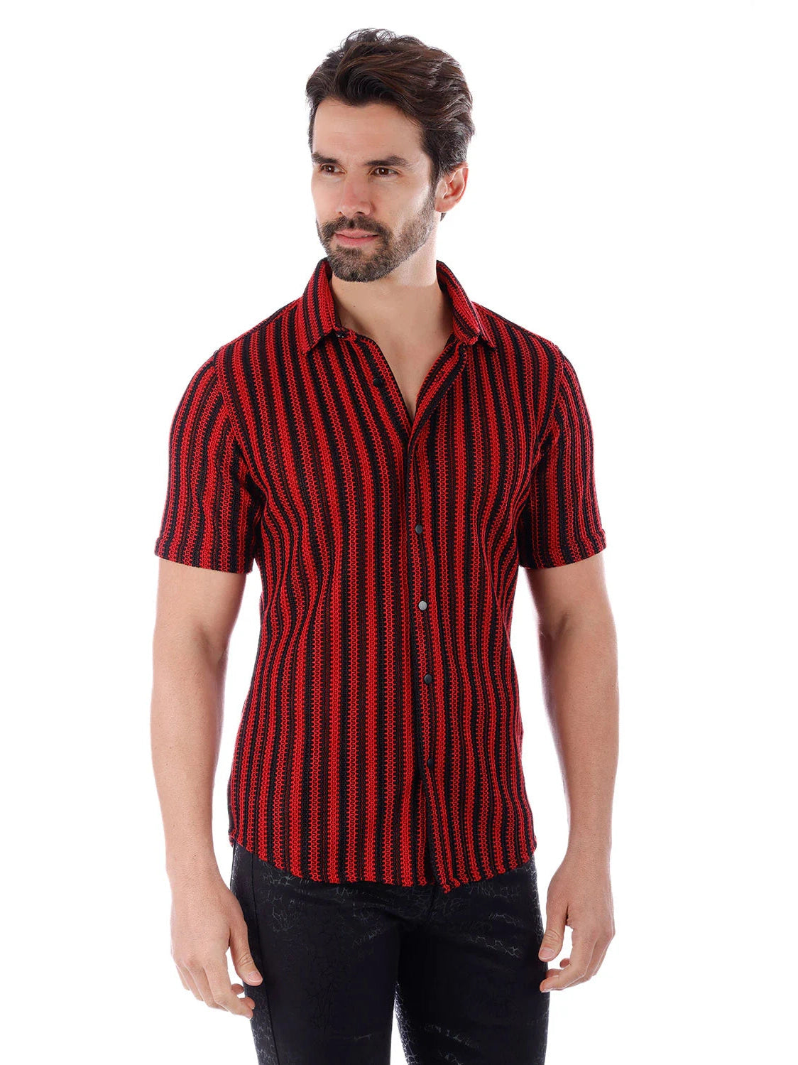 Barabas Mens Red & Black Striped 100% Cotton Knitted Short Sleeve Shirt