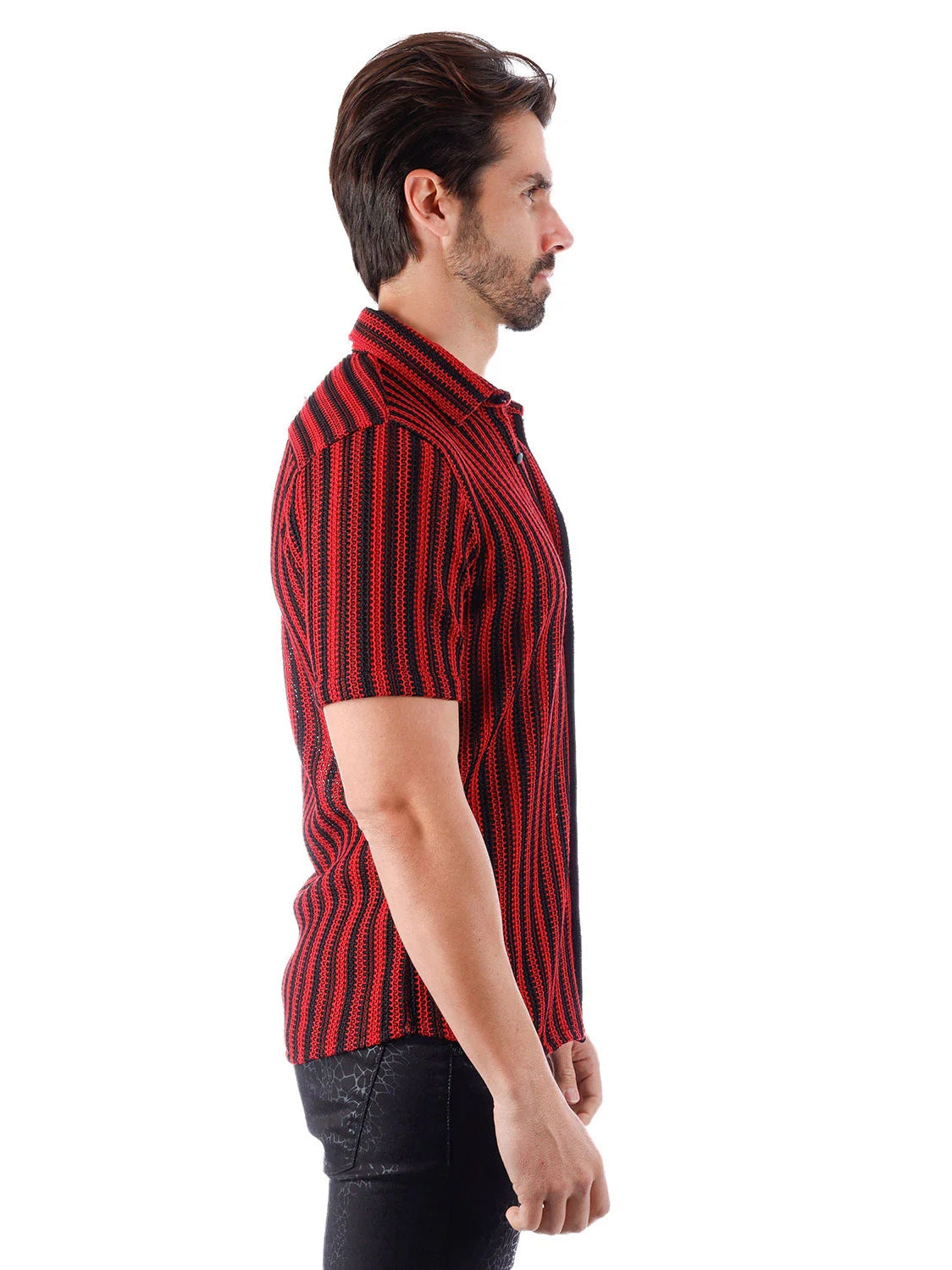 Barabas Mens Red & Black Striped 100% Cotton Knitted Short Sleeve Shirt