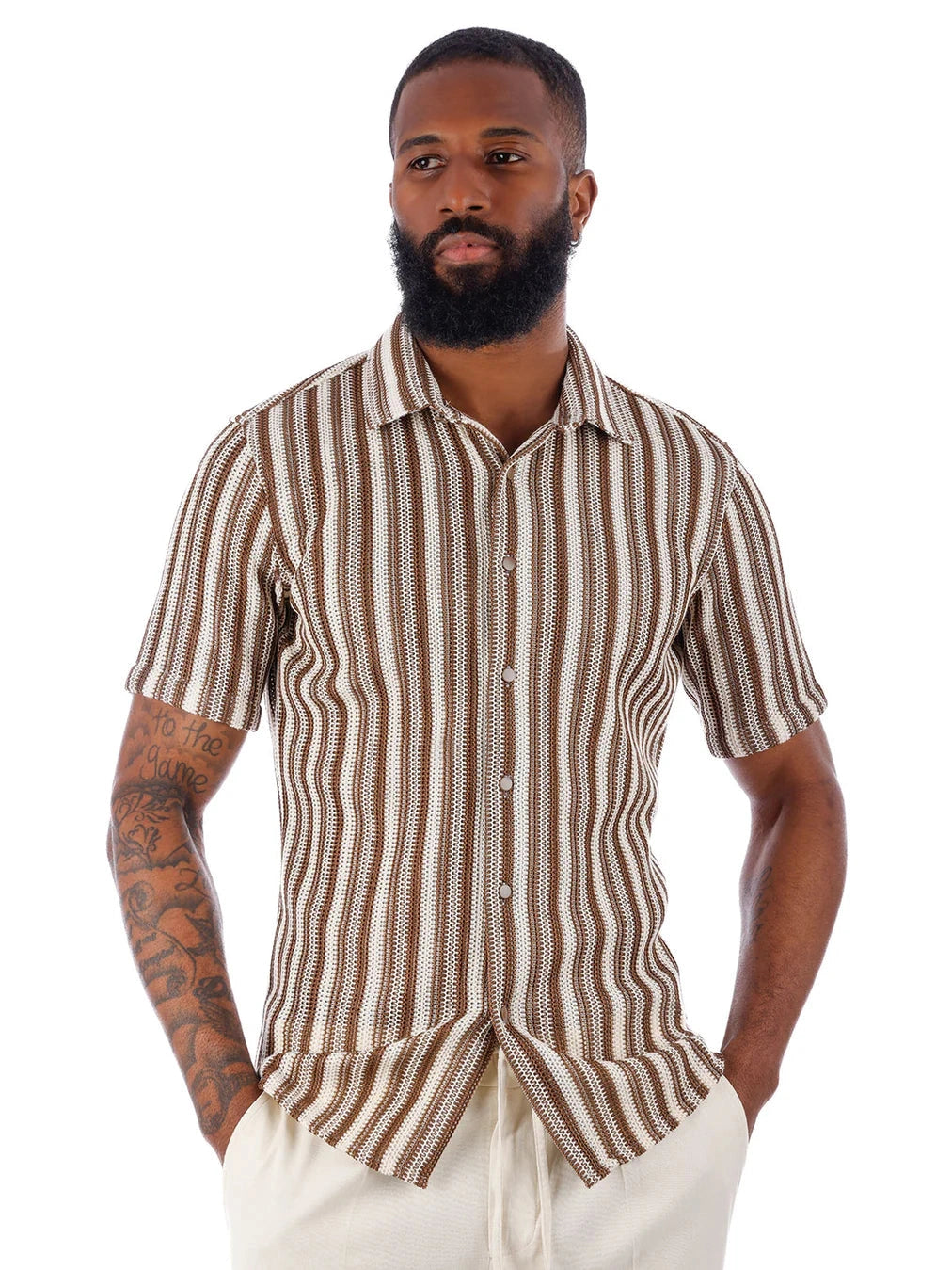 Barabas Mens Brown & White Striped 100% Cotton Knitted Short Sleeve Shirt