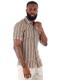 Thumbnail for Barabas Mens Brown & White Striped 100% Cotton Knitted Short Sleeve Shirt