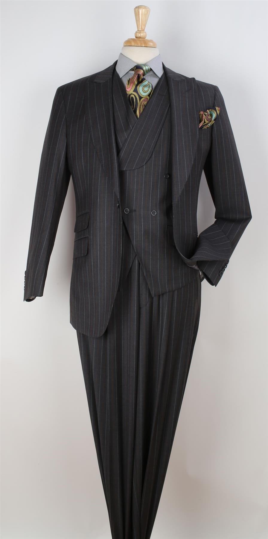 Apollo King Mens Classic Fit Charcoal Gray Striped 100% Wool 3 Piece Suit