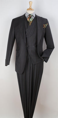 Thumbnail for Apollo King Mens Classic Fit Charcoal Gray Striped 100% Wool 3 Piece Suit