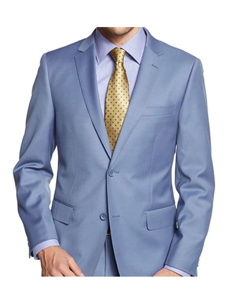 Traje de corte regular de 2 piezas, 100% lana, color azul claro liso para hombre