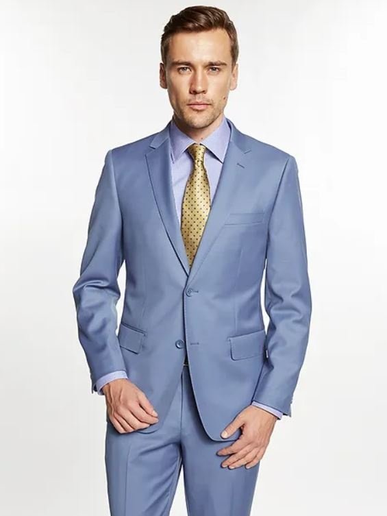 Traje de corte regular de 2 piezas, 100% lana, color azul claro liso para hombre