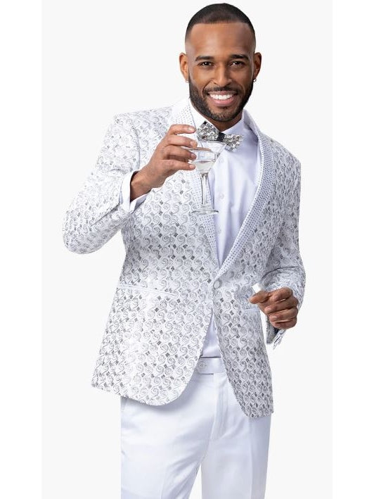 Kent & Park Mens White Beaded Tuxedo Prom Jacket With Matching Bowtie