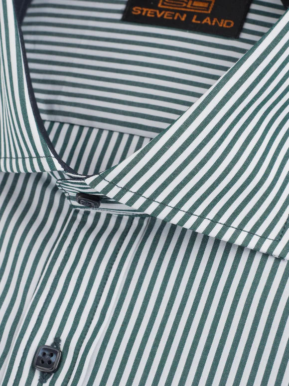 Steven Land Mens Green Striped Slim Fit Spread Collar 100% Cotton Dress Shirt