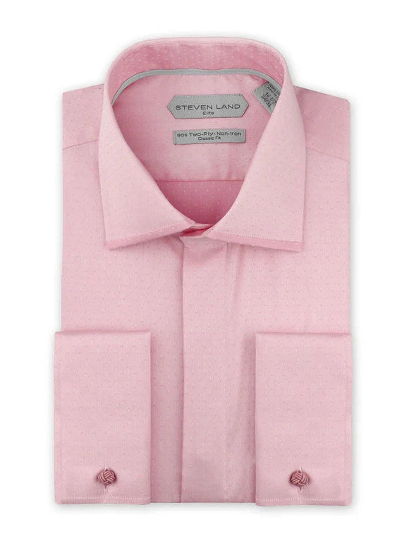 Steven Land Camisa de vestir 100% algodón con puño francés y cuello extendido rosa para hombre