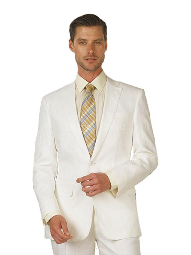 Label E Men's Solid White Classic Fit 100% Linen Suit