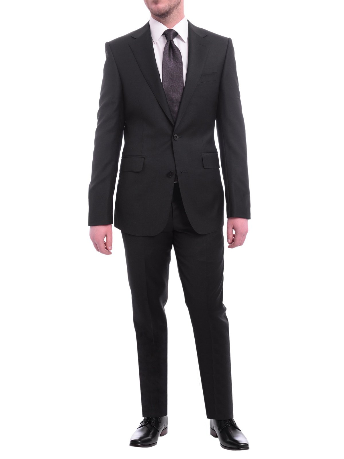 Blujacket Mens Solid Black 100% Wool Trim Fit 2-Piece Suit