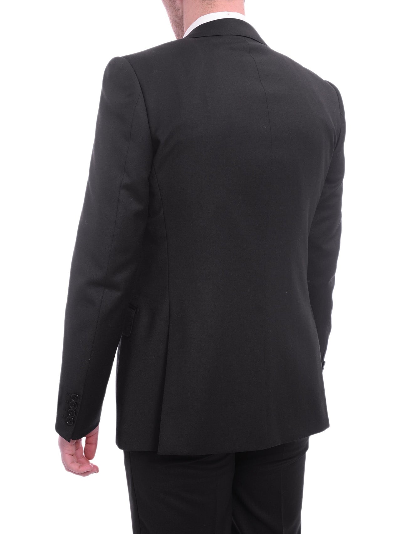 Blujacket Mens Solid Black Wool Cashmere Blend Trim Fit 2 Piece Suit