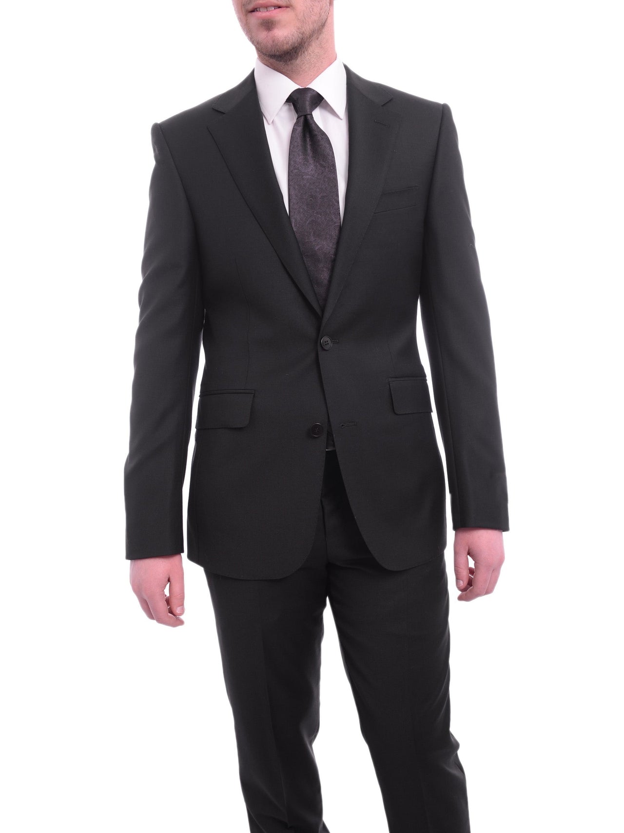 Blujacket Mens Solid Black 100% Wool Trim Fit 2-Piece Suit