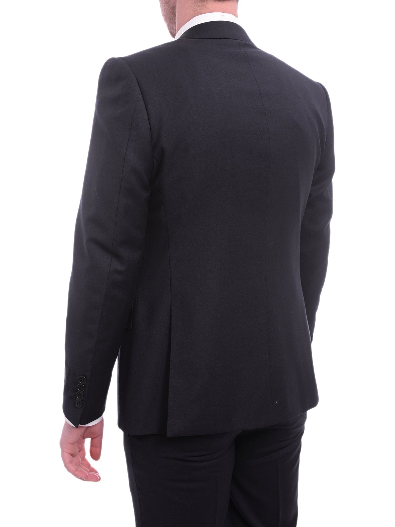 Blujacket Mens Solid Black 100% Wool Trim Fit 2-Piece Suit