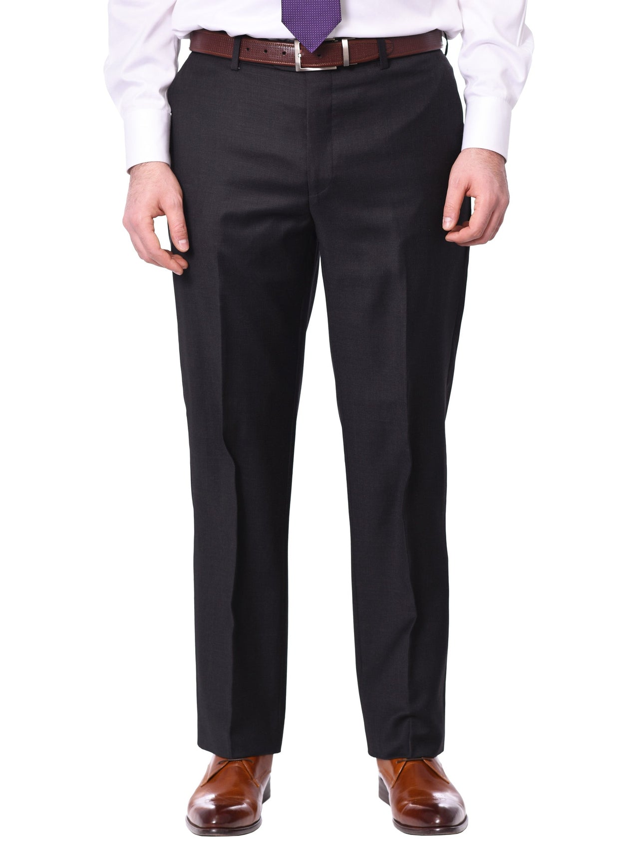 Mens Classic Fit Solid Charcoal Gray Flat Front Wool Dress Pants