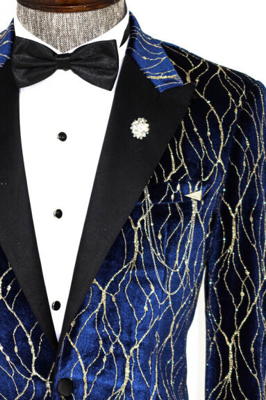 Wessi Chaqueta de esmoquin ajustada con estampado azul y dorado para hombre con solapas de pico de satén