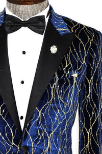 Thumbnail for Wessi Chaqueta de esmoquin ajustada con estampado azul y dorado para hombre con solapas de pico de satén