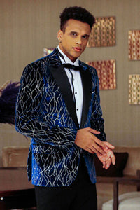 Thumbnail for Wessi Mens Blue & Gold Patterned Slim Fit Tuxedo Jacket With Satin Peak Lapels