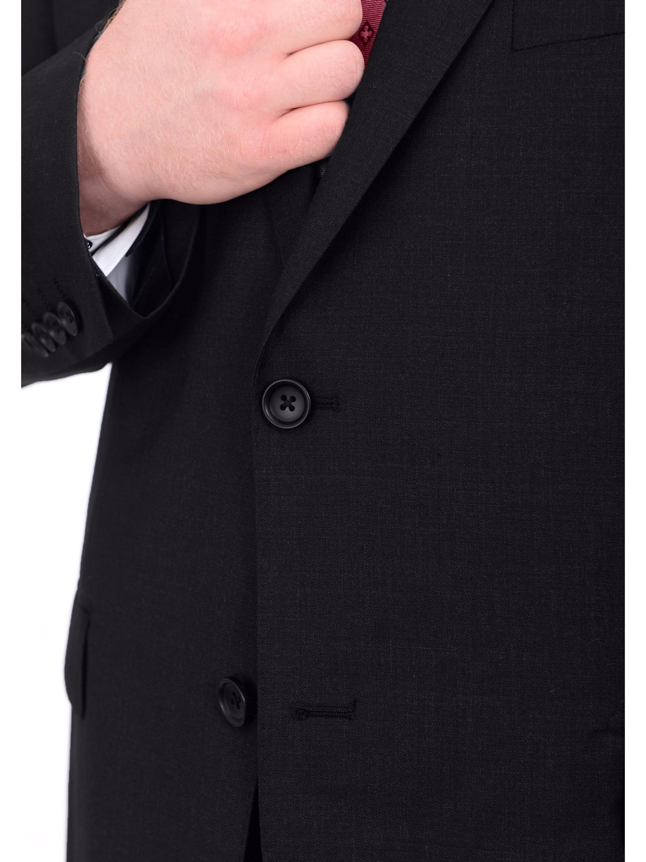 Men's Portly Fit Executive Cut Solid Black Two Button 2 Piece Wool Suit