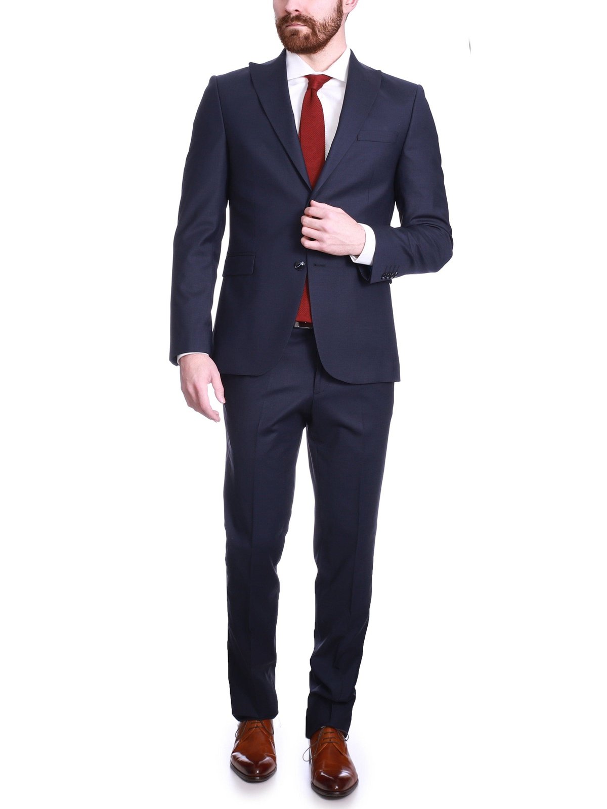 Raphael Mens Solid Navy Blue Slim Fit 2 Piece Suit With Peak Lapels