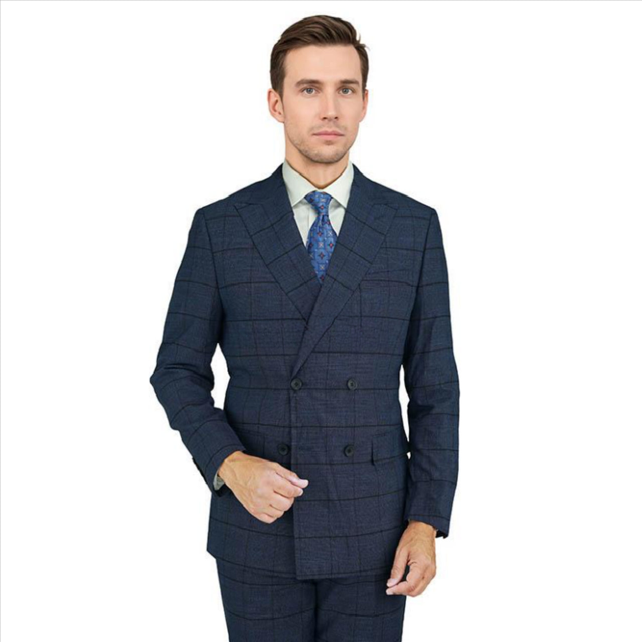 Giorgio Fiorelli Mens Navy Blue Plaid Classic Fit Double Breasted 2 Piece Suit