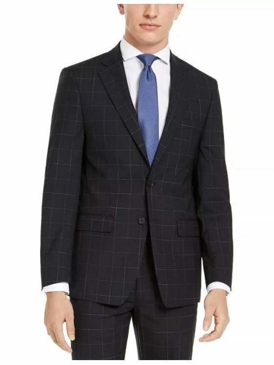 Calvin Klein TWO PIECE SUITS Men's Calvin Klein Navy Blue Windowpane Slim Fit Wool Suit