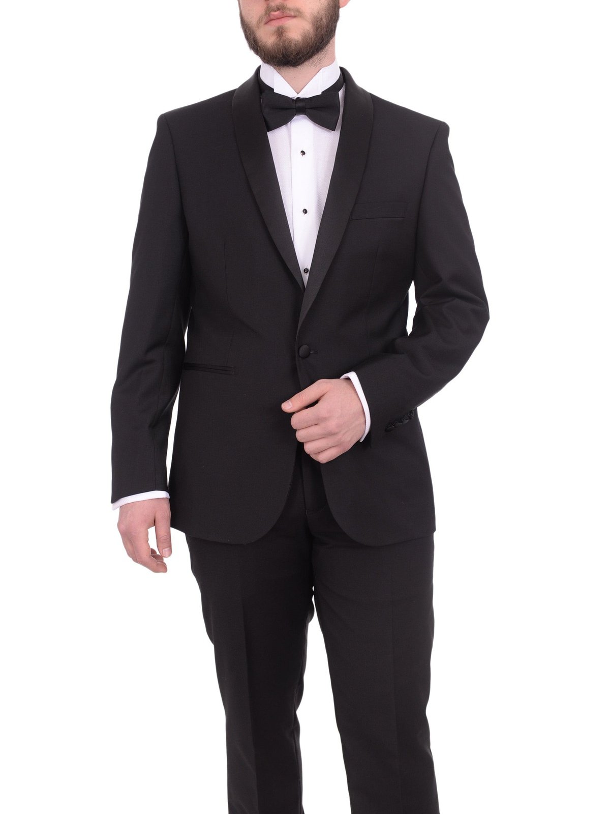 Gino Vitale TUXEDOS Gino Vitale Slim Fit Solid Black One Button Tuxedo Suit With Satin Shawl Lapels