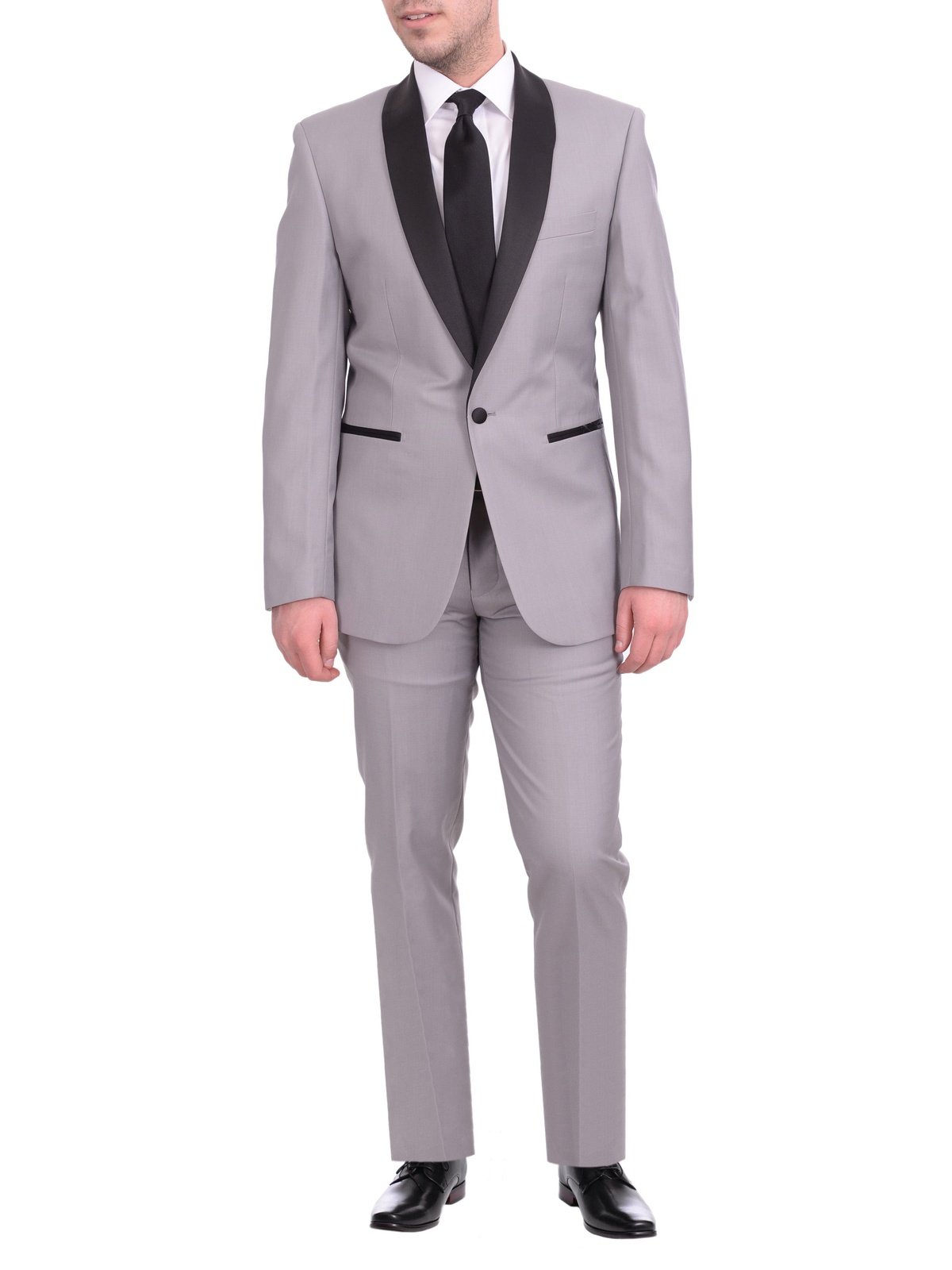 Gino Vitale TUXEDOS Gino Vitale Slim Fit Solid Gray One Button Tuxedo Suit With Satin Shawl Lapels