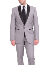 Thumbnail for Gino Vitale TUXEDOS Gino Vitale Slim Fit Solid Gray One Button Tuxedo Suit With Satin Shawl Lapels