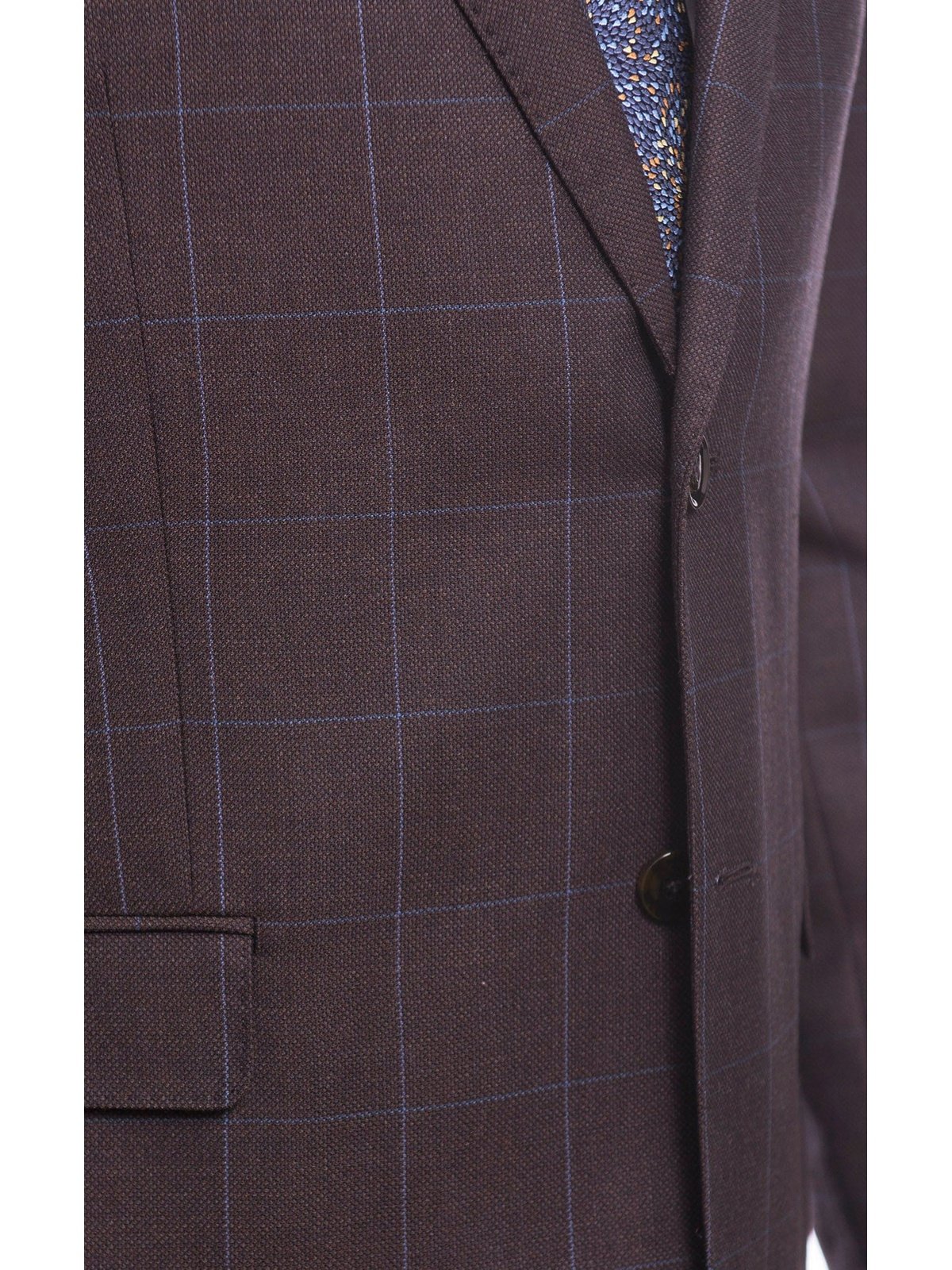 I Uomo TWO PIECE SUITS I Uomo Mens Regular Fit Brown With Blue Overcheck 2 Button Wool Suit