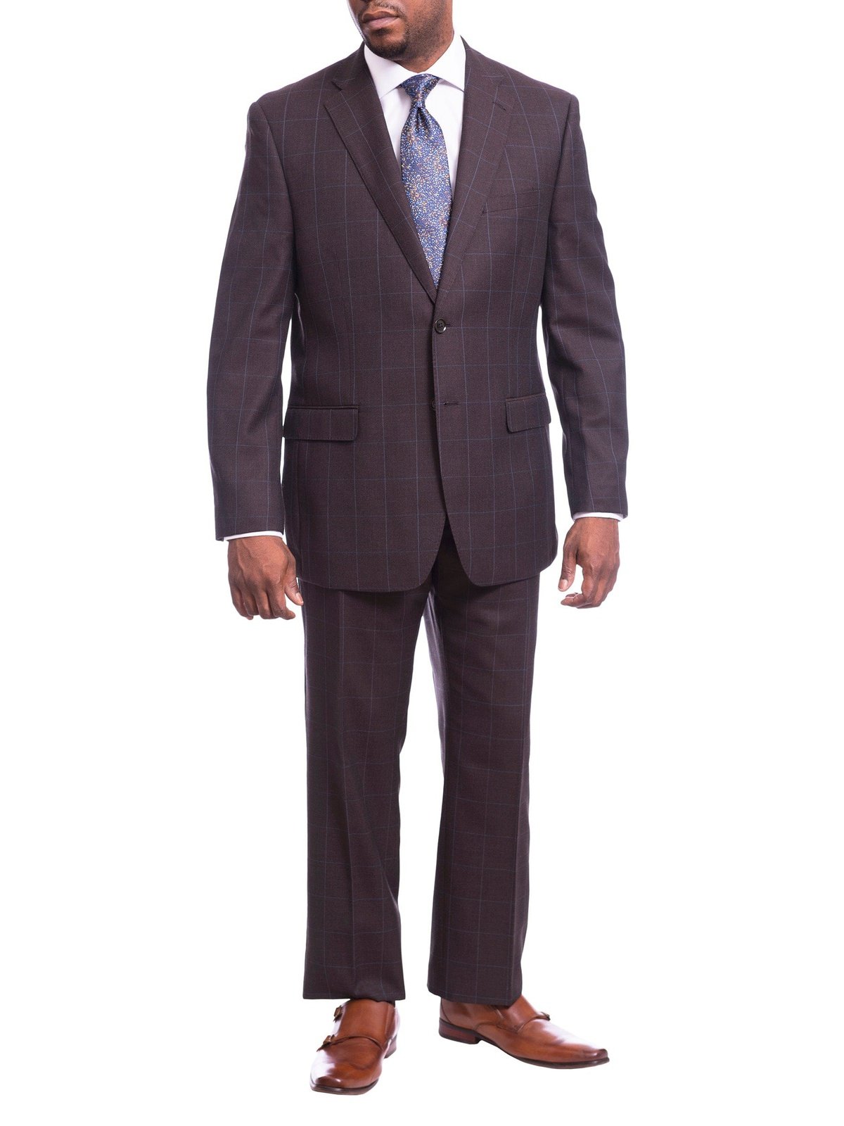 I Uomo TWO PIECE SUITS I Uomo Mens Regular Fit Brown With Blue Overcheck 2 Button Wool Suit