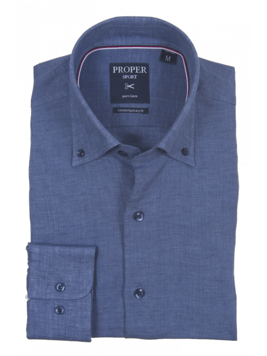 Mens Navy Blue Modern Fit Spread Collar 100% Linen Dress Shirt