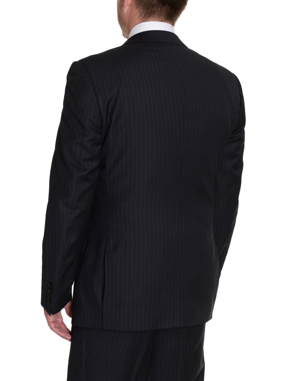 Label E 42L 36W Modern Fit Black Pinstriped Two Button Wool Suit (42L 36W)