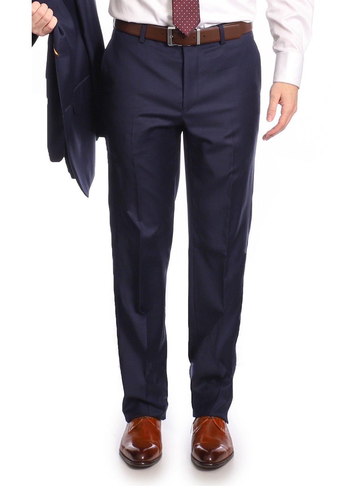 Mens Classic Fit Solid Navy Blue Flat Front Wool Dress Pants