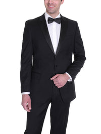 Thumbnail for Manzini TWO PIECE SUITS Manzini Mens Black 100% Wool Classic Fit Tuxedo Suit With Satin Peak Lapels